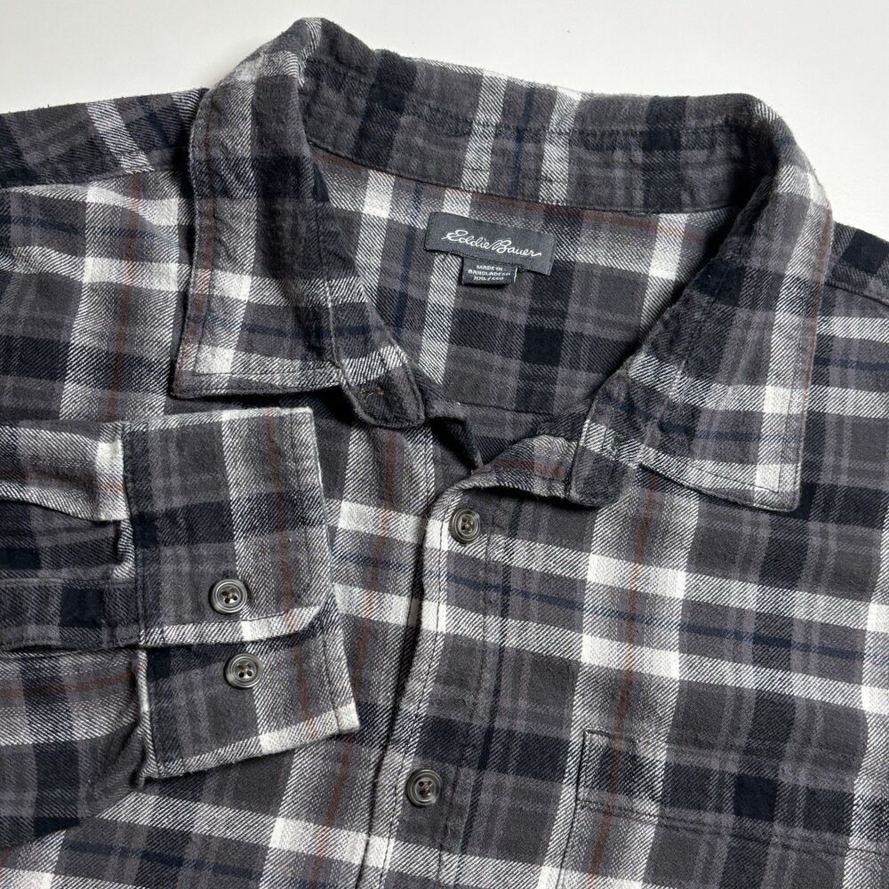 Eddie Bauer Flannel Midweight Cotton Shirt Men's XXL White Gray Plaid‎
